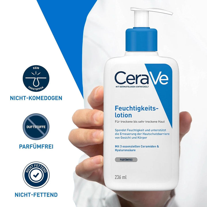 Loțiune de corp Cerave cu pompă dozatoare, potrivită pentru dermatită atopică si piele uscată sau foarte uscată, 236 ml