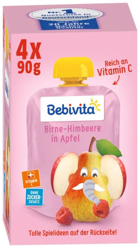 Quetschbeutel Frucht Birne-Himbeere in Apfel, 4Er Pack ( 4 X 4 X 90G)