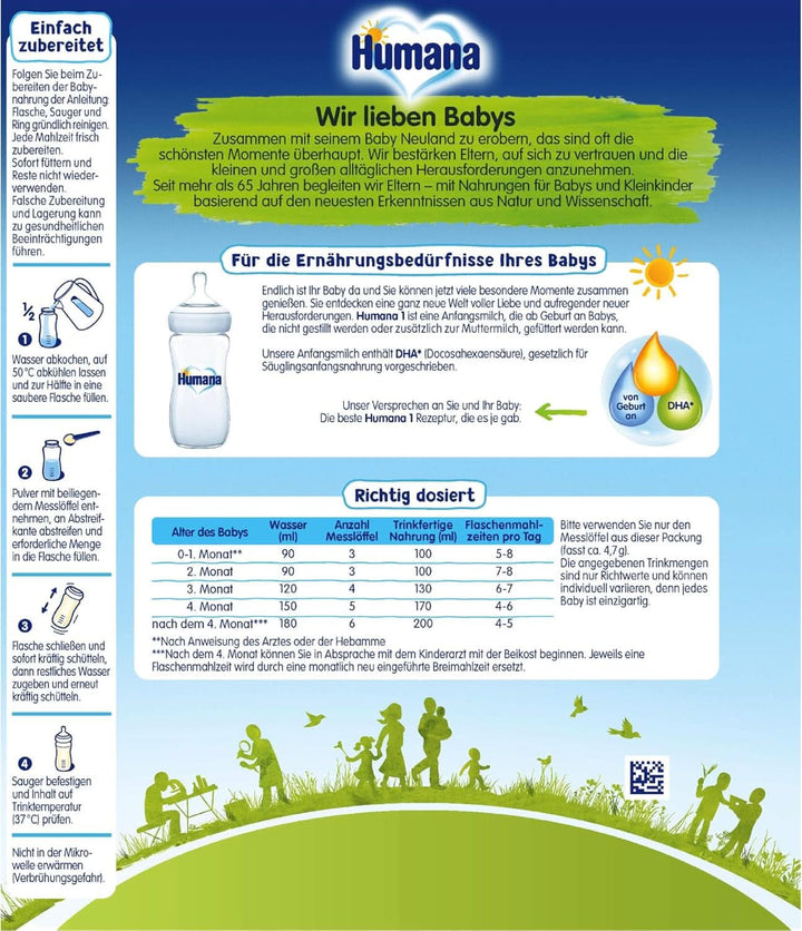 Humana Anfangsmilch 1, Von Geburt An, Milchpulver Für Säuglingsmilch, Zusätzlich Zur Muttermilch Oder Als Alleinige Babynahrung, Anfangsnahrung Mit DHA Und Nur Laktose, 750 G