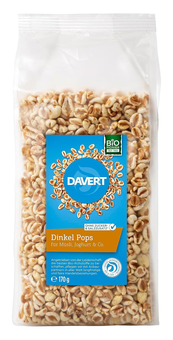 Davert Dinkel Pops 170G – Aromatische Aufgepuffte Dinkelkörner, Luftig Leicht Und Fein Röstig Im Geschmack – 100% Davert Bio-Qualität (1 X 170G)