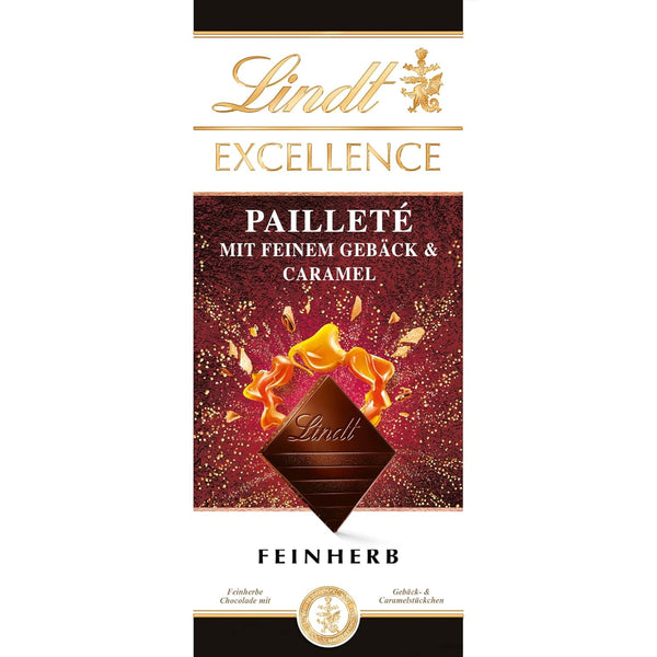 Lindt EXCELLENCE Pailleté Gebäckstückchen & Caramel - Feinherbe Schokolade | 100G Tafel | Mit Knusprigen Gebäckstückchen Und Cramel | Intensiver Kakao-Geschmack | Dunkle Schokolade