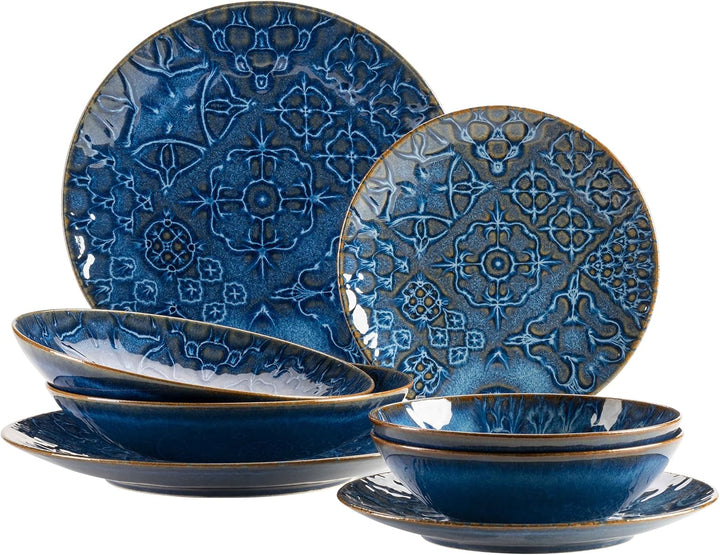 MÄSER 934063 Serie Tiles Modernes Vintage Geschirr Set Für 2 Personen in Maurischem Design, 8-Teiliges Tafelservice Mit Tellern Und Schalen Aus Hochwertiger Keramik, Steinzeug, Blau