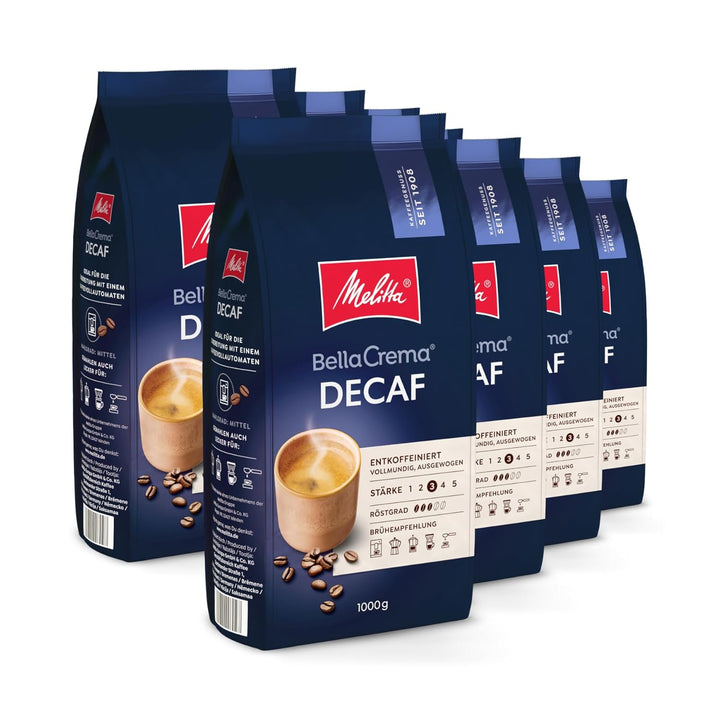 Melitta Bellacrema Decaf Ganze Kaffee-Bohnen Entkoffeiniert 1Kg, Ungemahlen, Kaffeebohnen Für Kaffee-Vollautomat, Koffeinfrei, Milde Röstung, Geröstet in Deutschland, Stärke 3