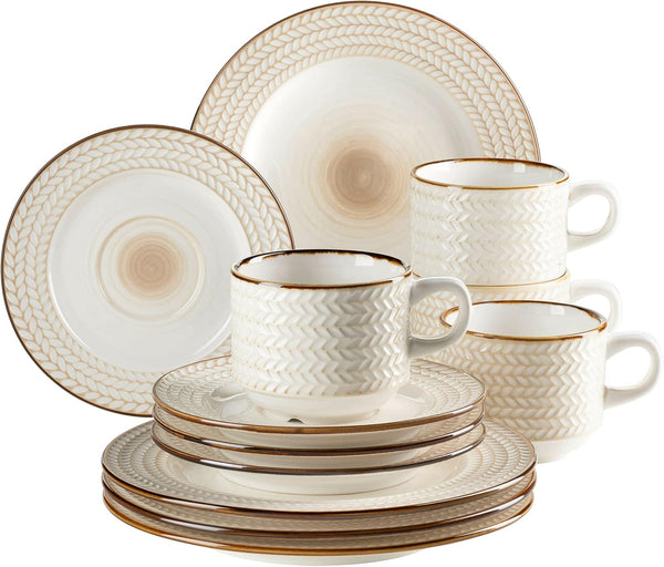 MÄSER 931941 Serie Prospero Premium Kaffeegeschirr Set Für 4 Personen in Gastronomie-Qualität, 12-Teiliges Modernes Kaffeeservice in Einzigartigem Vintage Stil, Weiß, Durable Porzellan