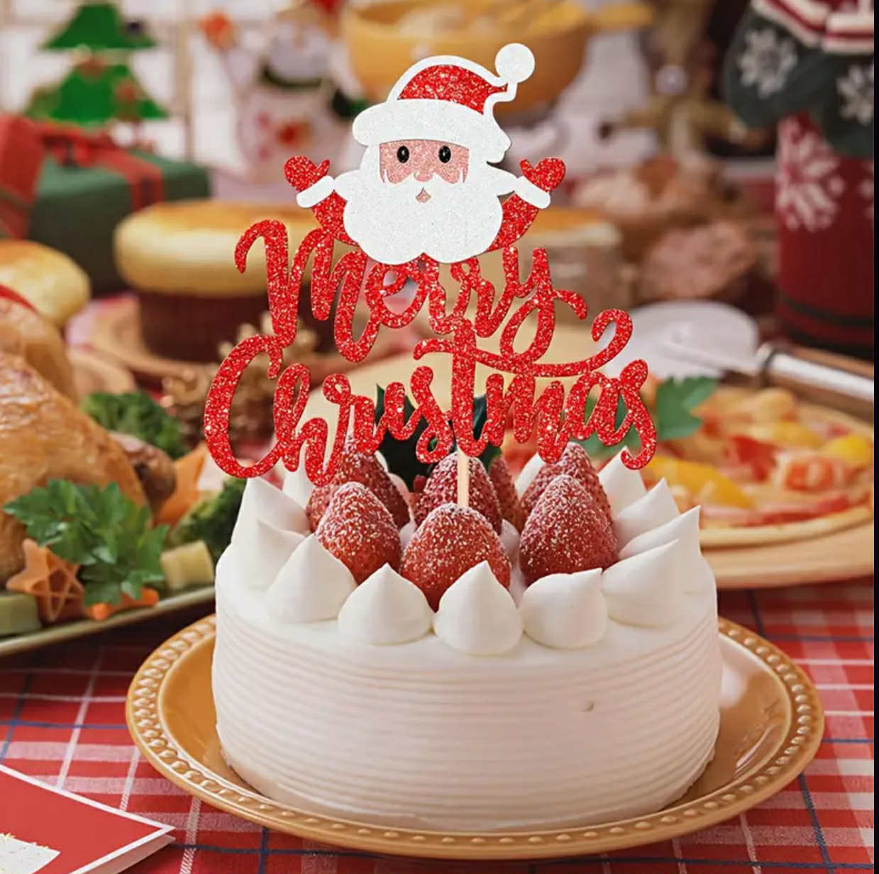 Topper Necomestibil Pentru Tort Mos Craciun - Decor Festiv Si Usor De Folosit, Dimensiune 13,8 X 14 Cm