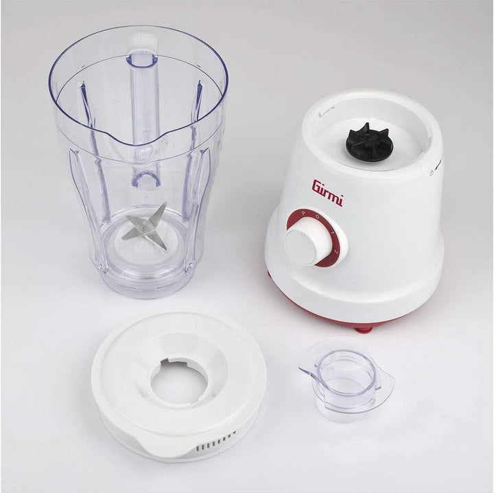 Girmi FR46 Elektrischer Mixer, 1,5 Liter, 2 Geschwindigkeiten Mit Pulse-Funktion, 4 Edelstahlklingen, Messbecherdeckel, Messbecher Mit Skala, Sicherheitseinrichtung, Weiß/Rot