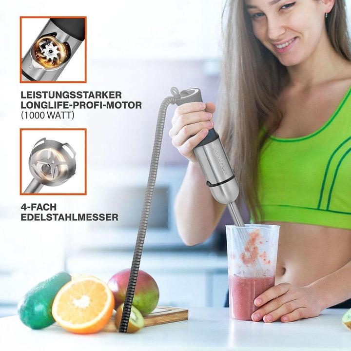 Proficook® 2In1 Stabmixer & Schneebesen | Stabmixer 1000 Watt Für Mixen, Zerkleinern & Pürieren | Smoothie Maker M. Langem Mixstab | Pürierstab M. Edelstahlgehäuse & Soft Touch-Griff | PC-SMS 1220