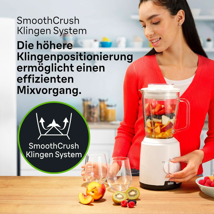 Braun Powerblend 1 JB1050WH - Standmixer Mit 1,5 L Glas-Mixaufsatz, Küchenhelfer Zum Zerkleinern, Pürieren & Mixen, Ice-Crush-Funktion, 2 Geschwindigkeiten, 600 Watt, Weiß