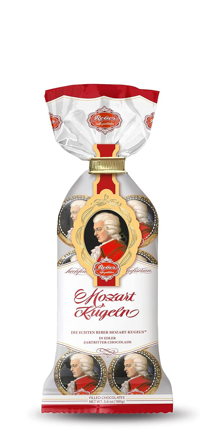 Reber, Mozart-Kugeln, 5Er Tüte, Mozart-Kugeln Aus Zartbitter-Schokolade, Gefüllt Mit Pistazien-Marzipan, Mandeln Und Haselnuss-Nougat, 100G (5 Mozart-Kugeln)