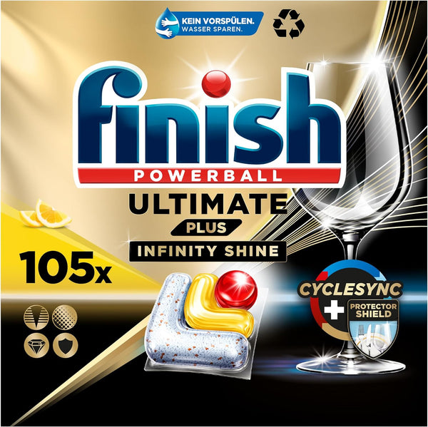 Finish Ultimate plus Infinity Shine Citrus Dishwasher Tabs - Tablete pentru mașină de spălat vase, curățare intensivă - 105 capsule, lămâie