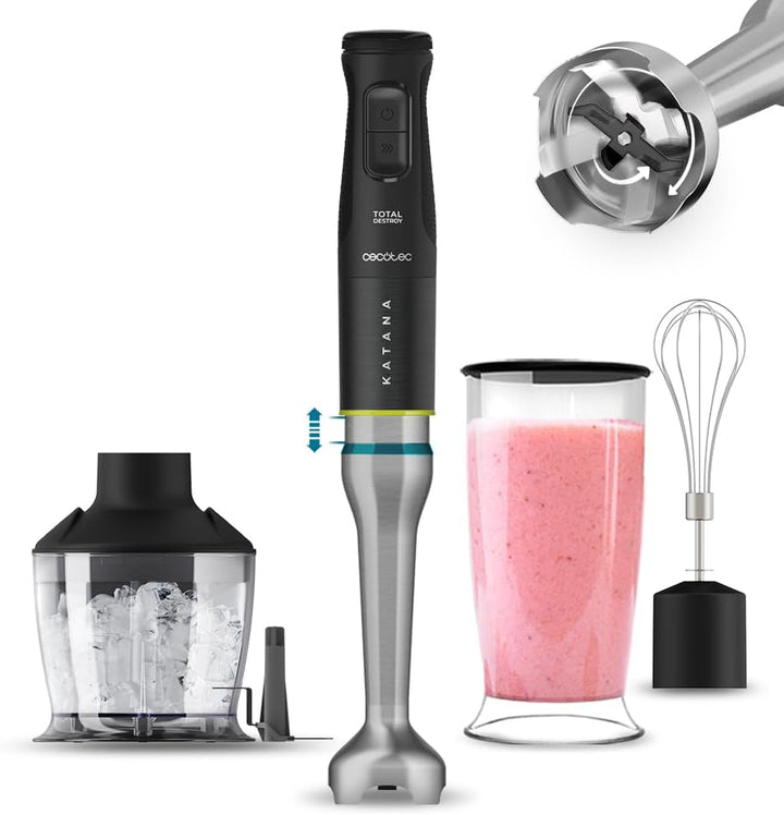 Cecotec Handmixer Katana 15 Totaldestroy Smash B. 1500 W, Total Destroy, Perreomove, 21 Geschwindigkeiten, Turbo-Funktion, Spritzschutzhaube, 8 Titan-Klingen, 800Ml Becher