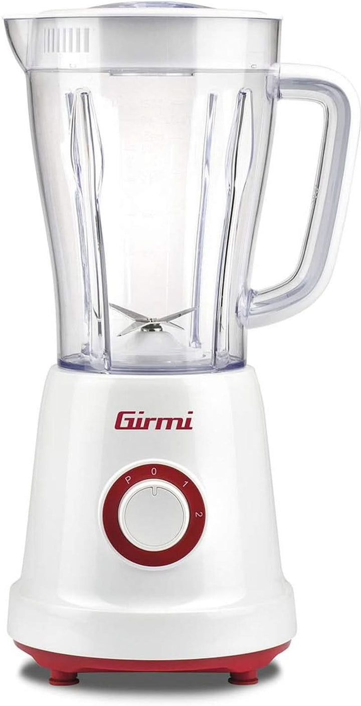 Girmi FR46 Elektrischer Mixer, 1,5 Liter, 2 Geschwindigkeiten Mit Pulse-Funktion, 4 Edelstahlklingen, Messbecherdeckel, Messbecher Mit Skala, Sicherheitseinrichtung, Weiß/Rot