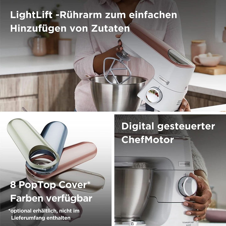 Kenwood Titanium Chef Baker KVC65.001WH, Küchenmaschine Mit Integrierter Waage, 1200 Watt, Inkl. 3-Teiligem Patisserie-Set, Spatel & Spritzschutz, Weiß