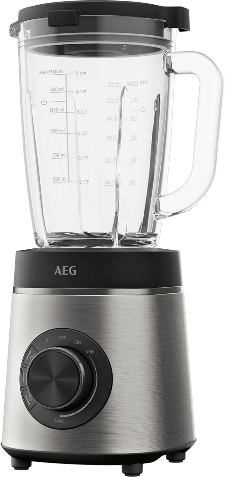 AEG TB6-1-6ST Standmixer / Geschwindigkeitsanpassung / 3 Programme / Smoothie / Crushed Ice / Pulsfunktion / Drehknopf + Tasten / 6-Klingen Edelstahlmesser / 1400W / 1,75L Glaskrug / Edelstahl / Grau