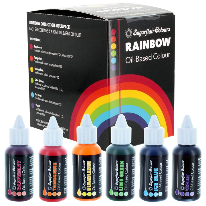 Sugarflair Oil Based Colour Lebensmittelfarbe Ölbasis Rainbow Set/6 - Hochkonzentrierte Lebensmittel Farbe Ölbasis - Raspberry, Tangerine, Bumblebee, Lime Green, Ice Blue, Violet - 6X30Ml