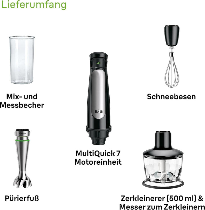 Braun Multiquick 7 MQ 7035X Stabmixer - Pürierstab Mit Abnehmbarem Edelstahl Mixfuß Mit Activeblade Technologie Zum Pürieren Der Härtesten Zutaten, Inkl. 3-Teiliges Zubehör Set, 1000 Watt, Schwarz