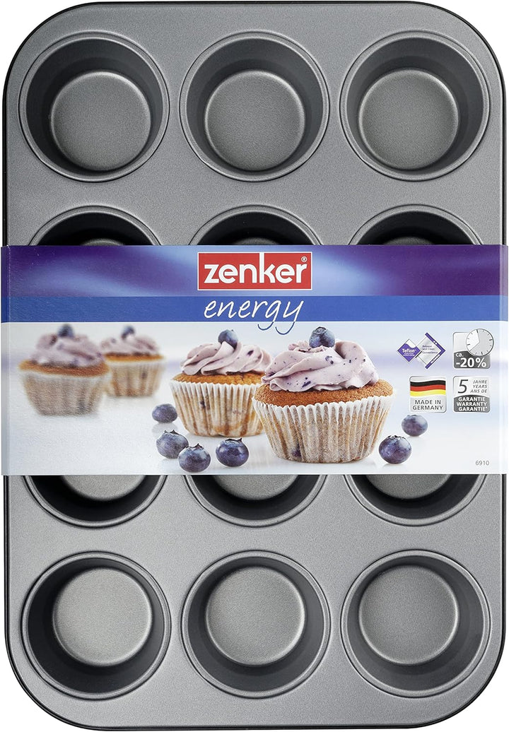 Zenker 12Er Muffinform Energy, Premium-Backform, Für Köstliche Kuchen, Verkürzt Die Backzeit Um Bis Zu 20% (Farbe: Silber/Anthrazit), Menge: 1 Stück, Hellgrau Und Dunkelgrau