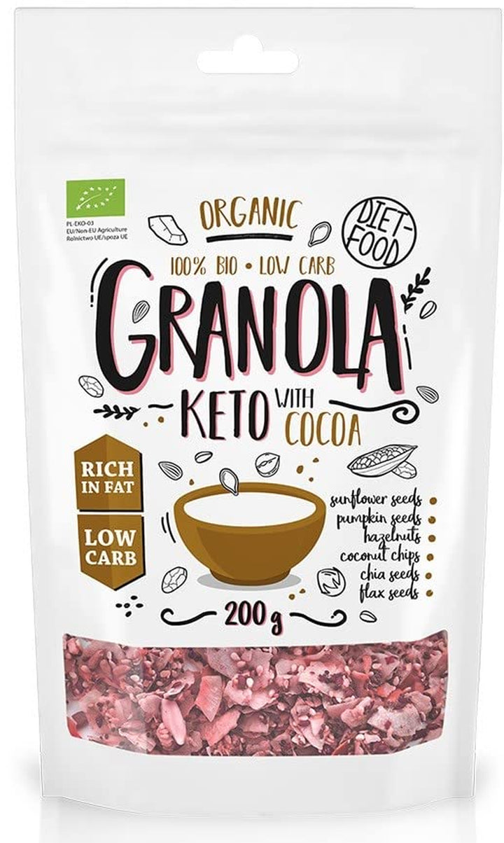 DIET-FOOD Keto Granola Mit Himbeere Low Carb Und Fettarm Glutenfreies Granola Frühstücksmüsli Non-Gmo Snack Ohne Zuckerzusatz 200G 1Er Pack