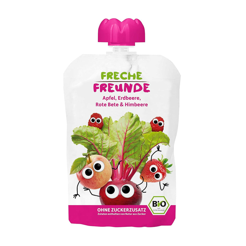 FRECHE FREUNDE Organic, Măr, sfeclă roșie, căpșuni și zmeură, piure în pungă de stoarcere, pentru bebeluși de la 1 an,  pachet de 6 x 100 grame