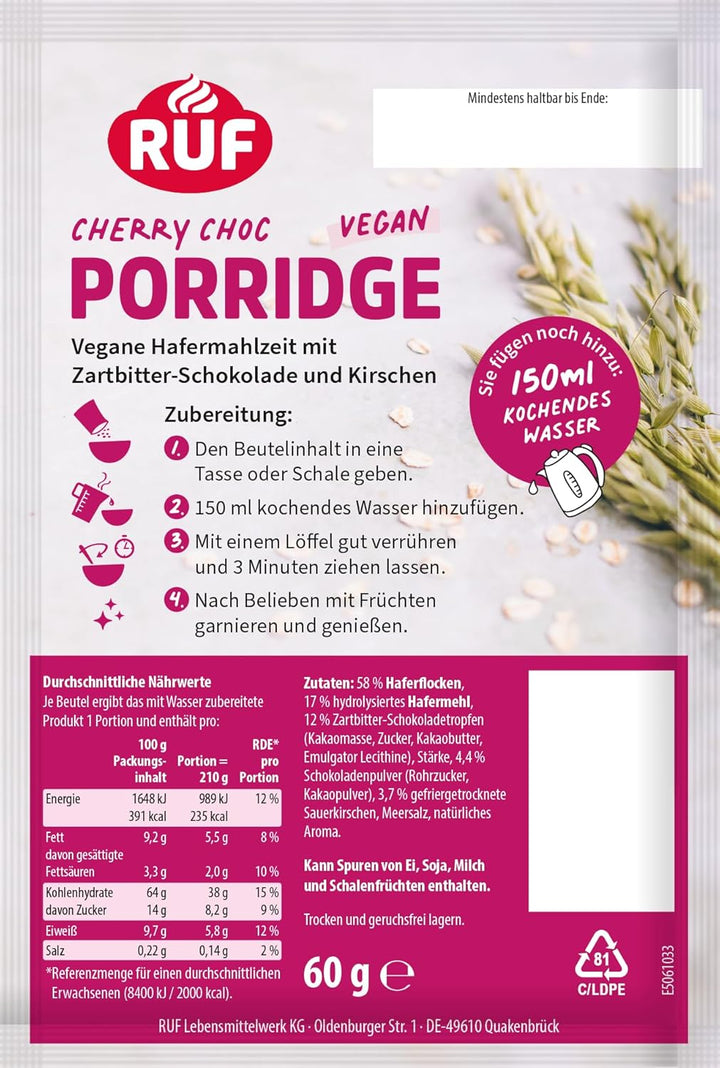 Veganes Porridge Oat Cherry Choc, Oatmal Mit Zartbitter-Schokolade & Kirschen, Einfache Zubereitung, Im Praktischen Portionsbeutel, 1 X 60 G (Packung Mit 3)