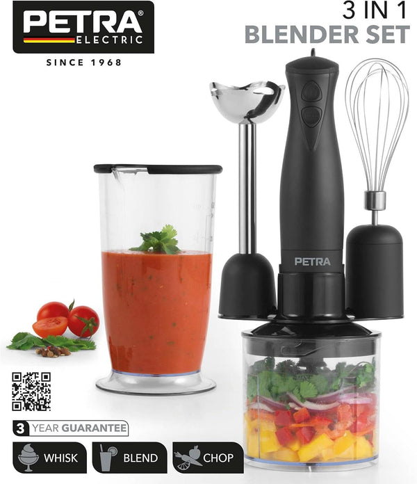 Petra PT2827BMBLKVDE 3-In-1 Mixer – Bpa-Freie Anbauteile, 500Ml-Schüssel, 700Ml-Becher, Schneebesen, Mixen, Zerkleinern, 2 Geschwindigkeiten, Edelstahlklingen, Für Babynahrung, Smoothies, Saucen, 350W