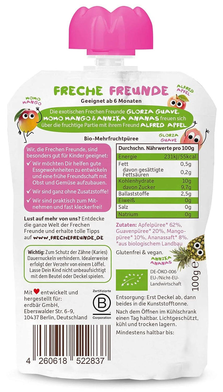 FRECHE FREUNDE Organic, piure de măr, guava, mango și ananas, 6 x 100 grame