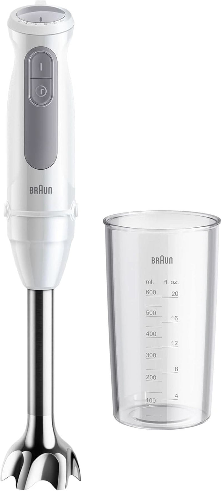 Braun Stabmixer MQ 5200WH - Multiquick 5 Vario Pürierstab Mit Edelstahl Mixfuß, 1000 Watt, Inkl. 600 Ml Mix- & Messbecher, Weiß/Grau