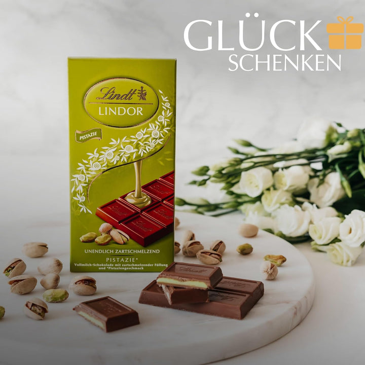 Lindt Schokolade LINDOR Pistazie, Promotion | 100 G | Feinste Vollmilch-Schokolade Mit Unendlich Zartschmelzender Füllung Mit Pistaziengeschmack | Schokoladentafel | Schokoladengeschenk, 2023 Version