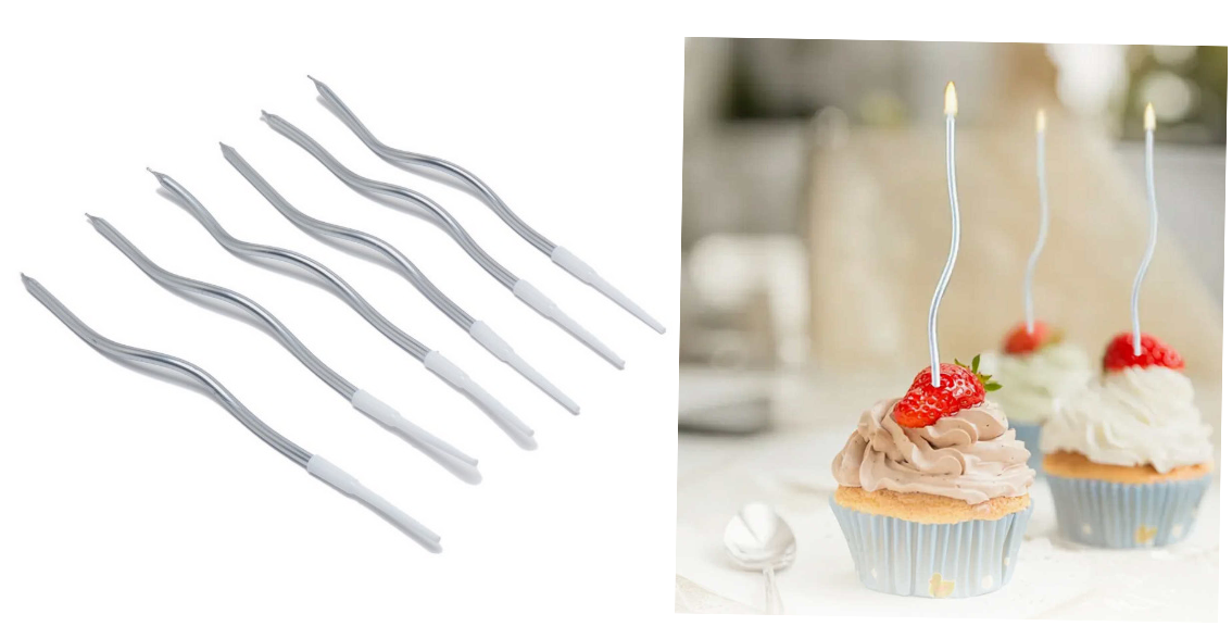 Set 6 Lumanari Pentru Tort, Ondulate, Lungi, 12 cm, Argintiu - Design Elegant Si Ardere Stabilă