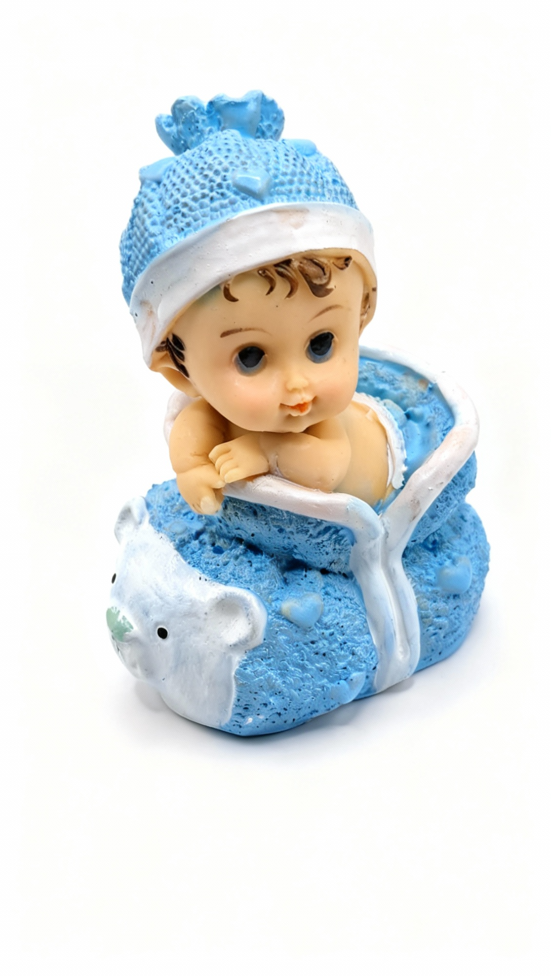 Baby Boy Bear Decorations No. 2 - Resin Christening Cake Topper in Basket with Bear, Non-edible