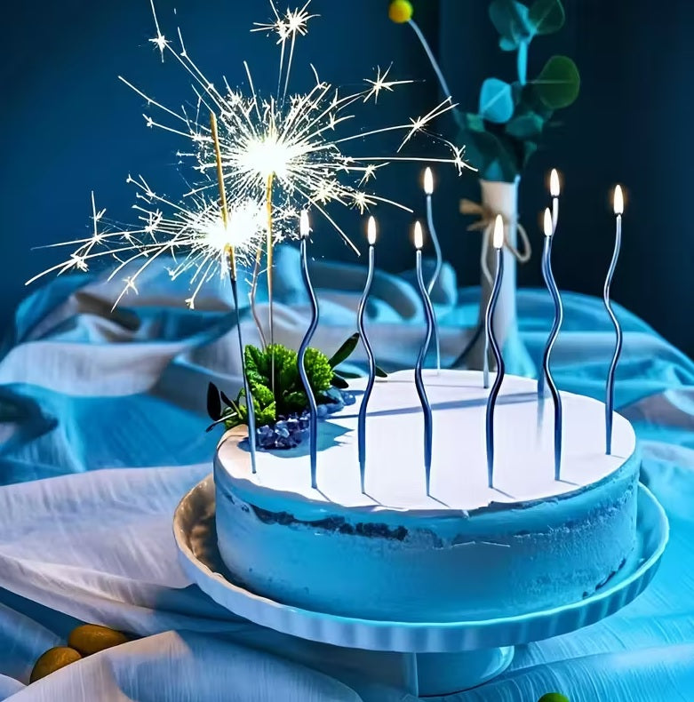 Set de 6 Lumânări Pentru Tort Ondulate Lungi 12 Cm Albastru - Design Elegant Și Ardere Stabilă Sigură