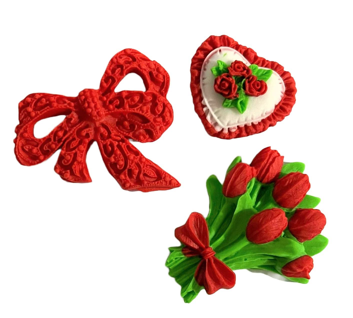 Set 3 decoratiuni comestibile din zahar, Buchet lalele, funda si inima Decoratiuni din Pasta de Zahar Nati Shop