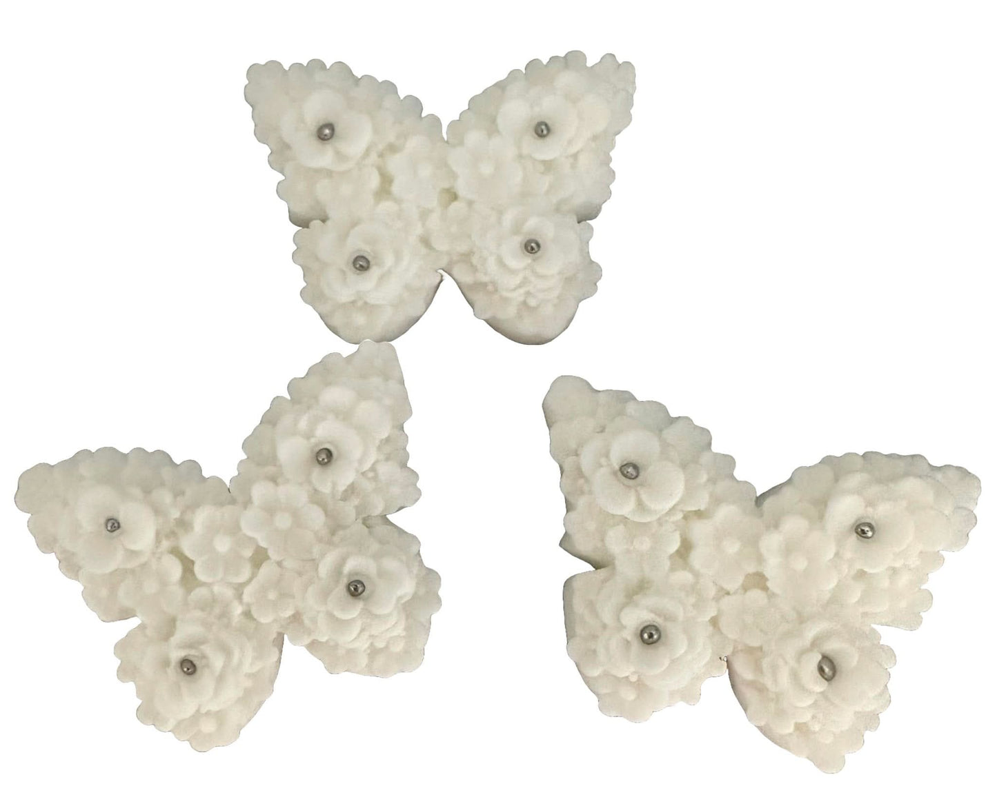 Set 3 decoratiuni comestibile din zahar, Fluturi albi Decoratiuni din Pasta de Zahar Nati Shop