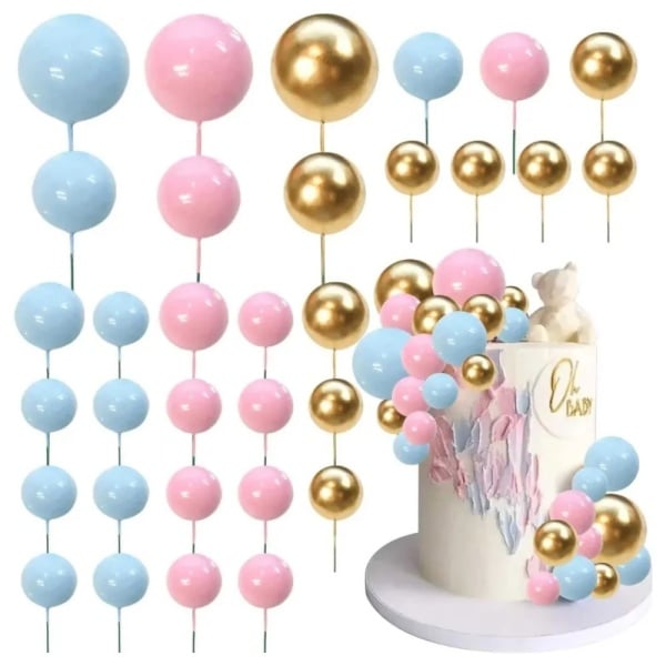 Set 27 Sfere Plastic Pentru Ornat Torturi Roz Albastru Auriu - Diametre 2 cm, 2,5 cm, 3 cm Și 4 cm