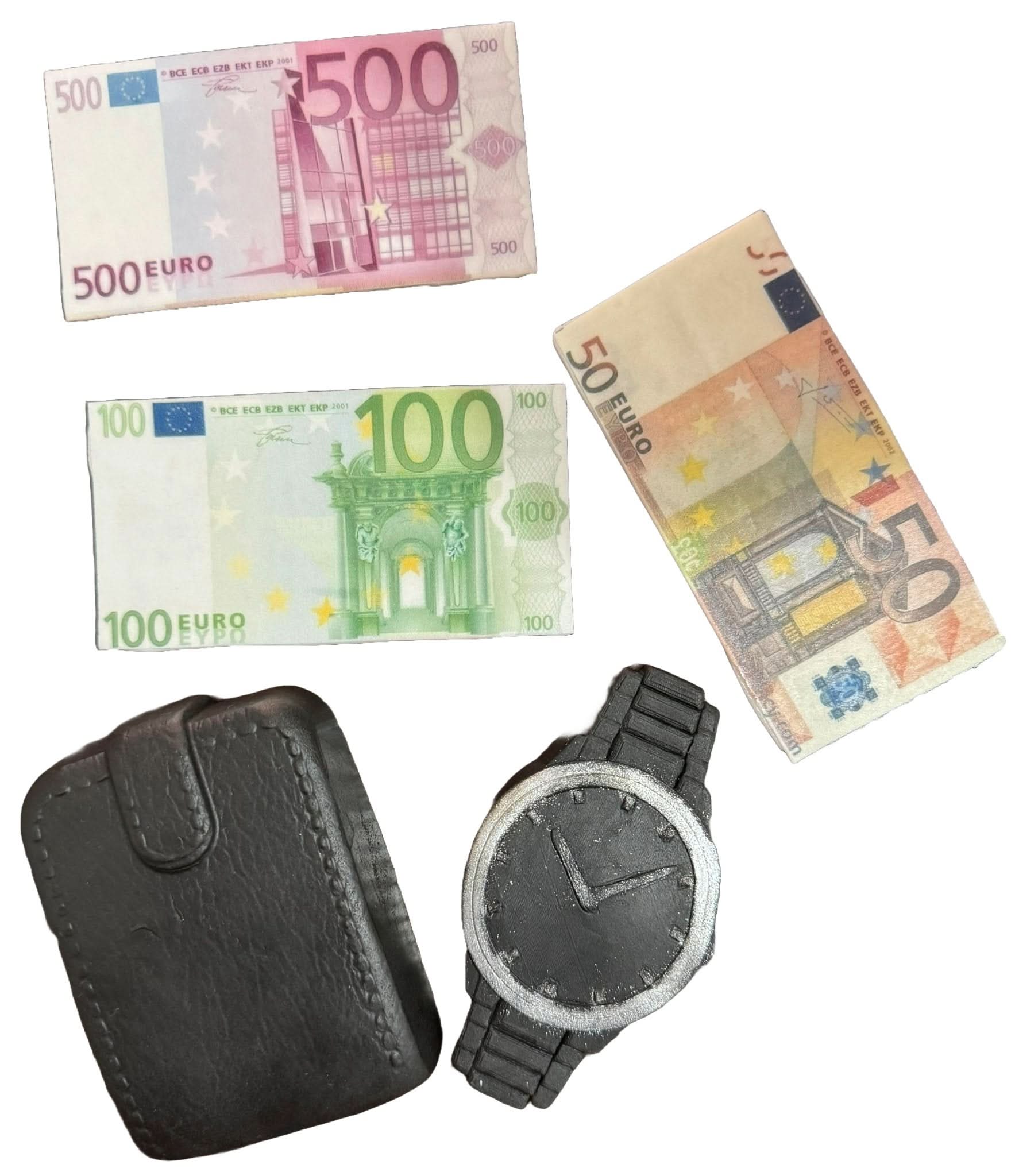 Set 5 decoratiuni comestibile din zahar, Ceas, portofel si bani Decoratiuni din Pasta de Zahar Nati Shop