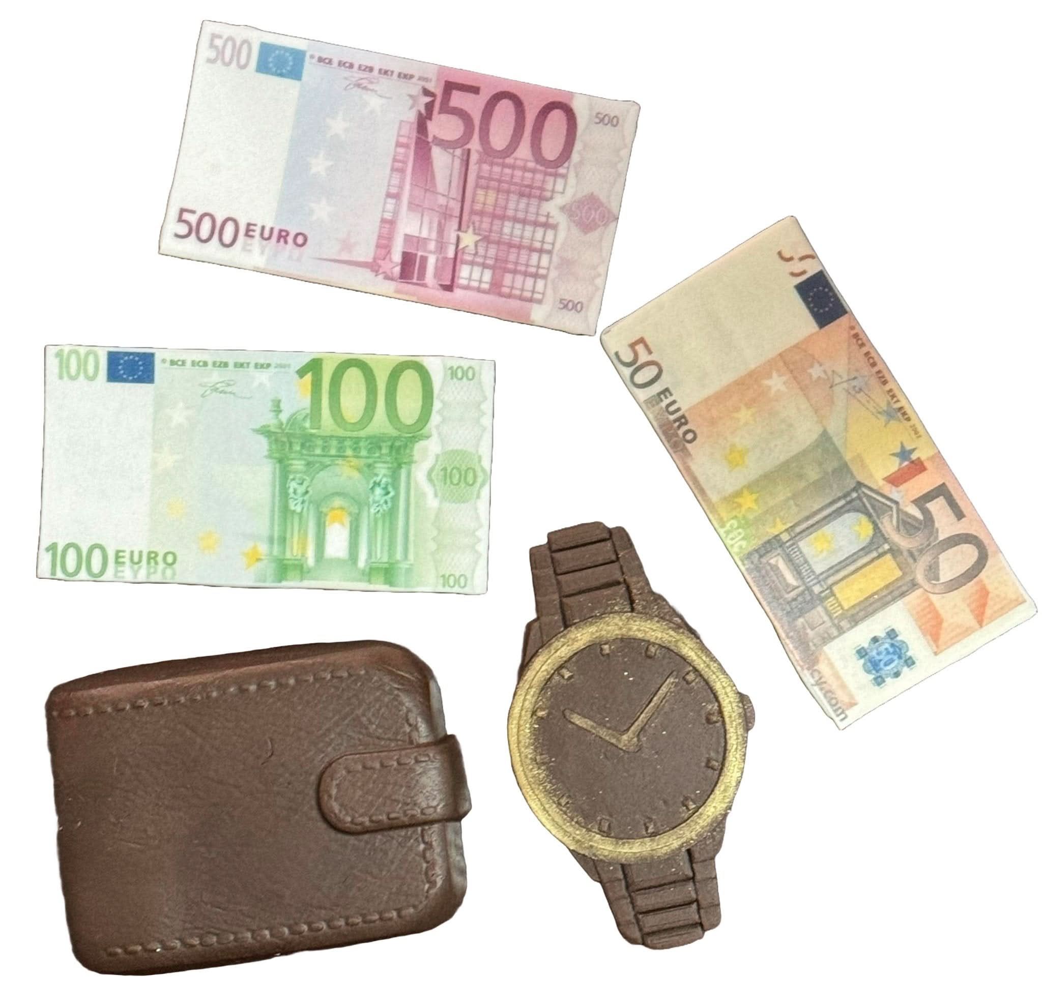 Set 5 decoratiuni comestibile din zahar, Ceas, portofel si bani Decoratiuni din Pasta de Zahar Nati Shop