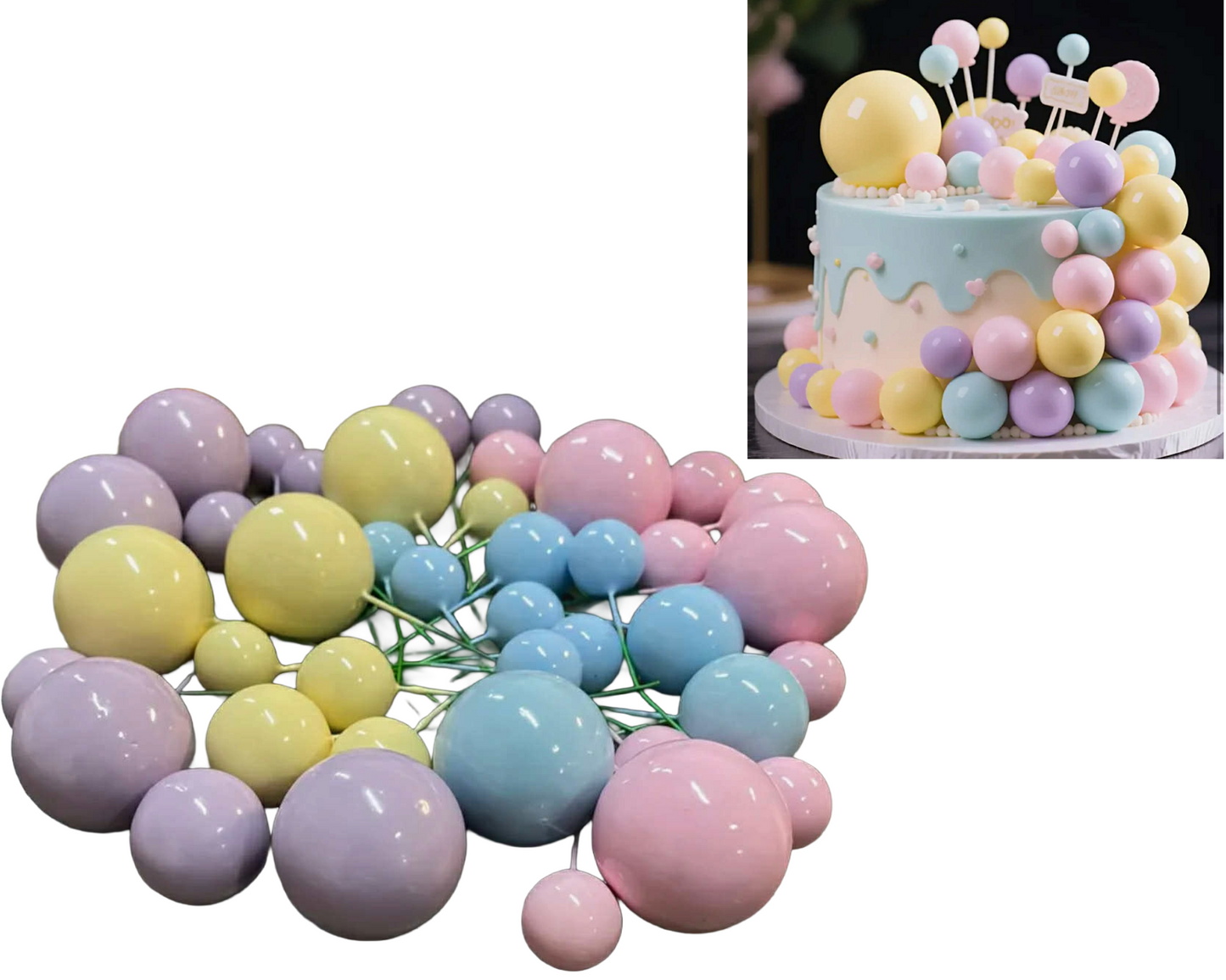 Set 28 Sfere Plastice Pentru Ornat Torturi Roz Albastru Mov Galben - Diametre 2 2,5 3 Și 4 Cm Se Fixează Ușor Pe Tort