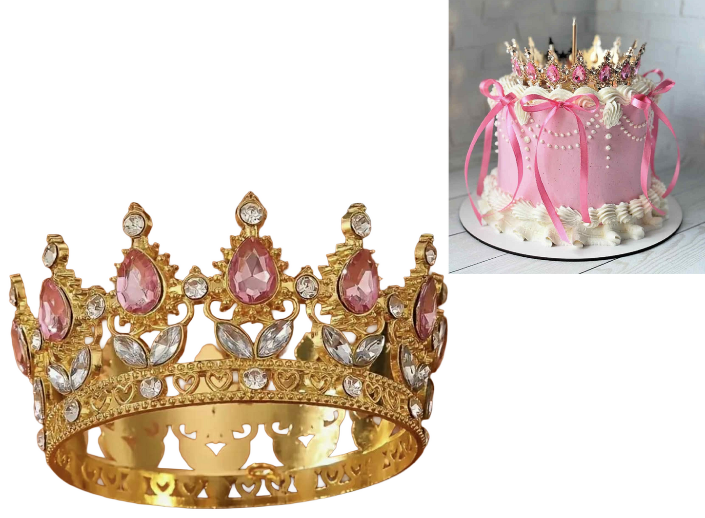 Coronita Aurie Din Metal Cu Pietre Roz - Decor Elegant Pentru Torturi Si Prajituri La Nunti Botezuri Si Aniversari