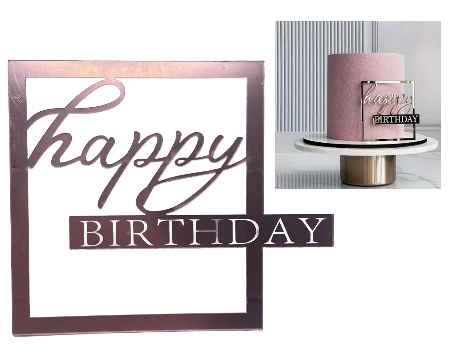 Decoratiune Necomestibila Happy Birthday - Accesoriu De Tort Roz Din Sticla Acrilica Inaltime 10 Cm